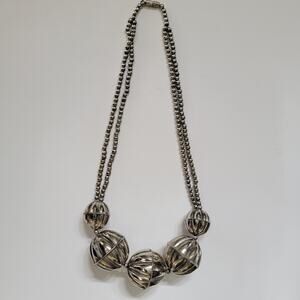 Vintage Silver Tone Statement Necklace With Large Hollow Bead Bold Retro Jewelry
